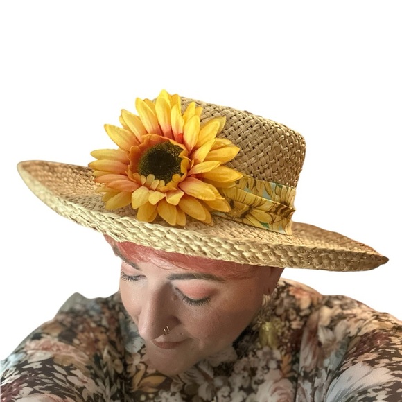 Y2K Spring Bonnet Sunflowers Vintage Blossom Derby Floral Sunday Straw Hat - Picture 2 of 5